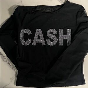 Black Sheer Long Sleeve Rhinestone 'CASH' Tee